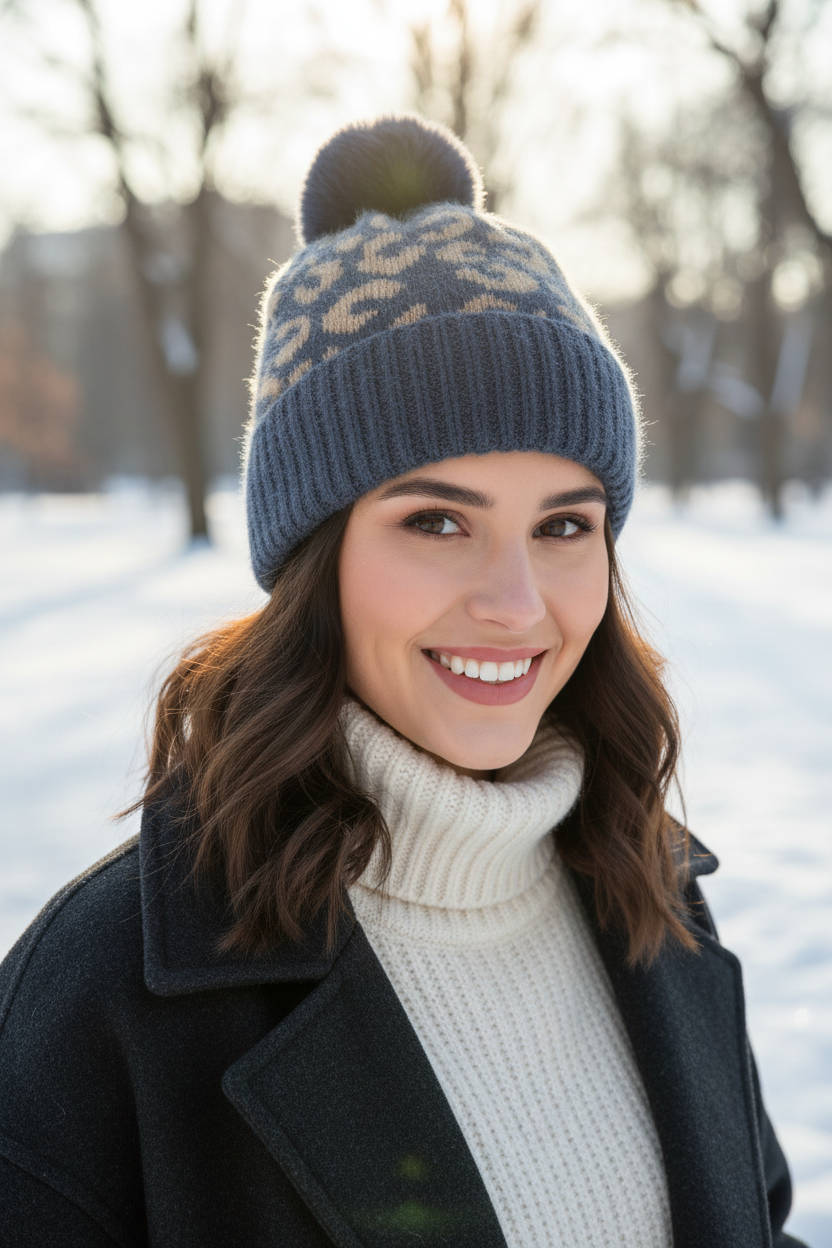 Cheetah Print Acrylic Knitted Hat – Flat Brim, 58cm