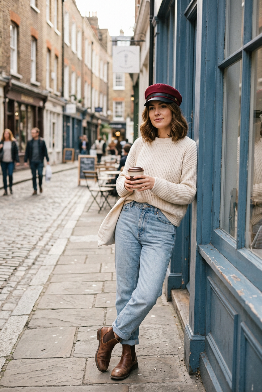 Aubrey Flat Top Sailor Cap, Cotton & Faux Leather