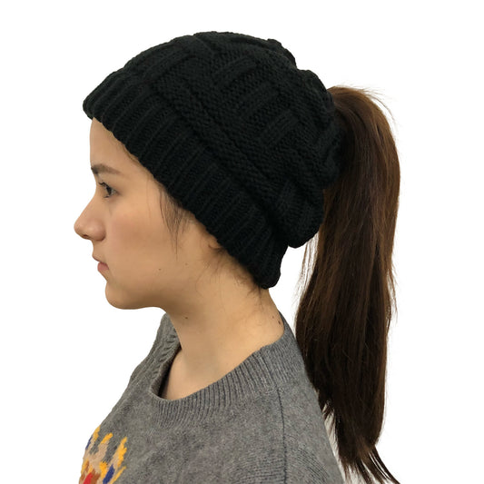 Soft Knit Wool Ponytail Winter Hat for Women