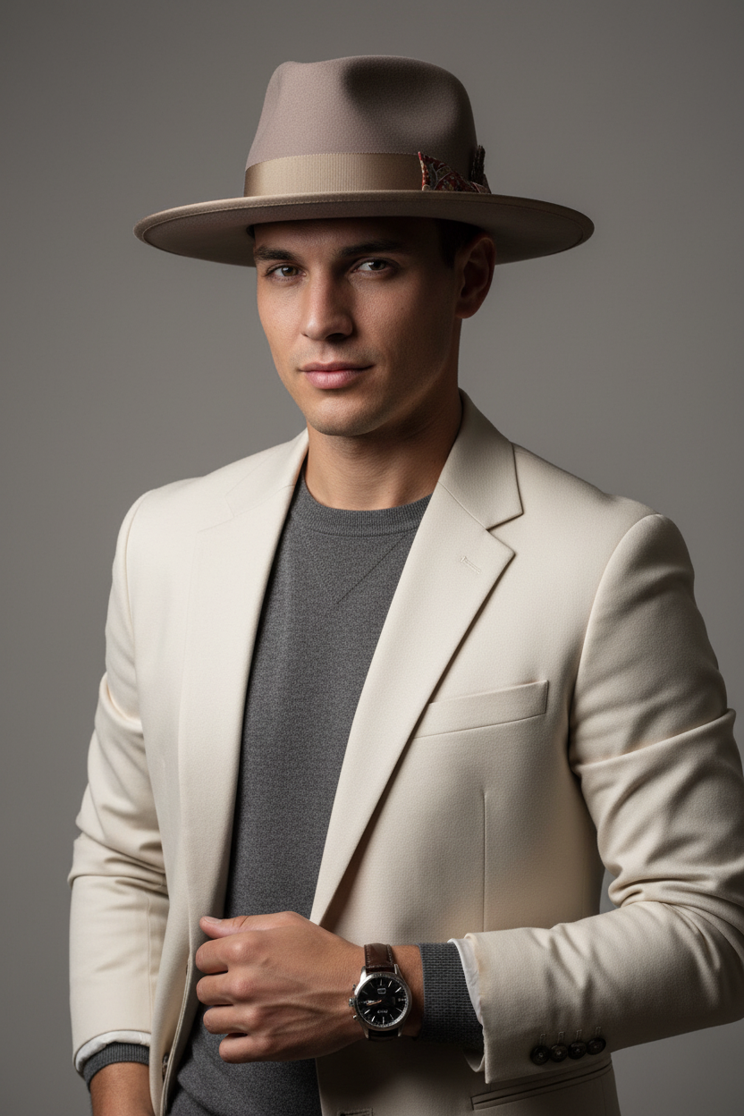 Winstar Beige Wool Fedora Hat with Band, Large 58–60 cm
