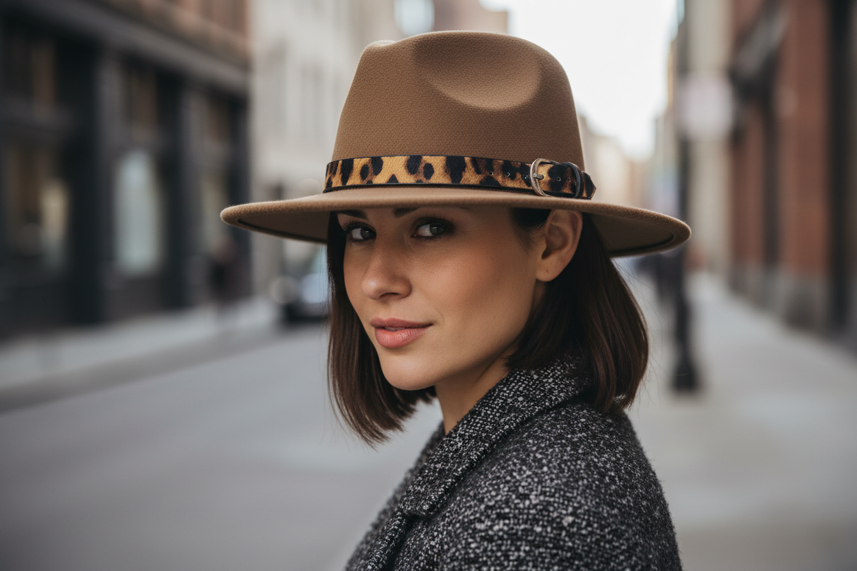 A gray fedora hat with a leopard print patterned band and a metal buckle.