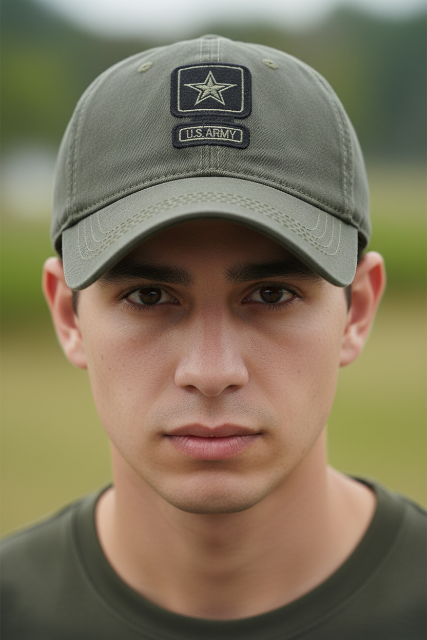 Green cap with U.S. Army logo on a white background