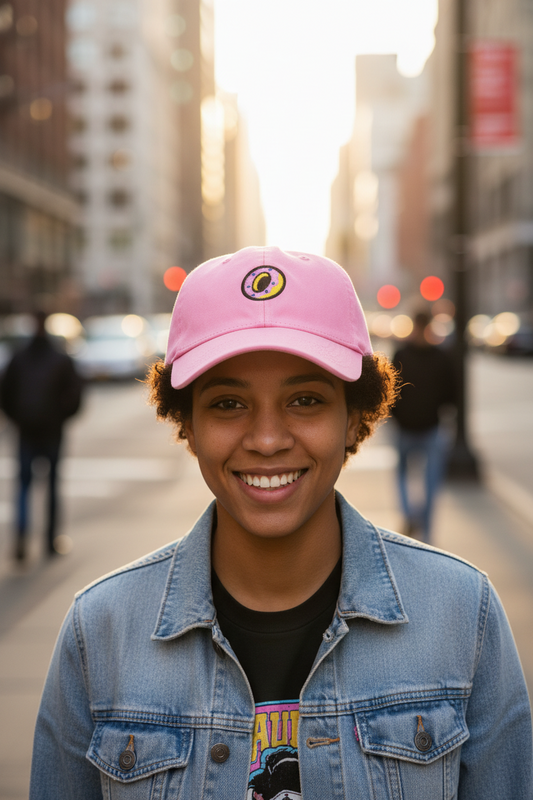 Pink cap with a colorful embroidered logo on a white background