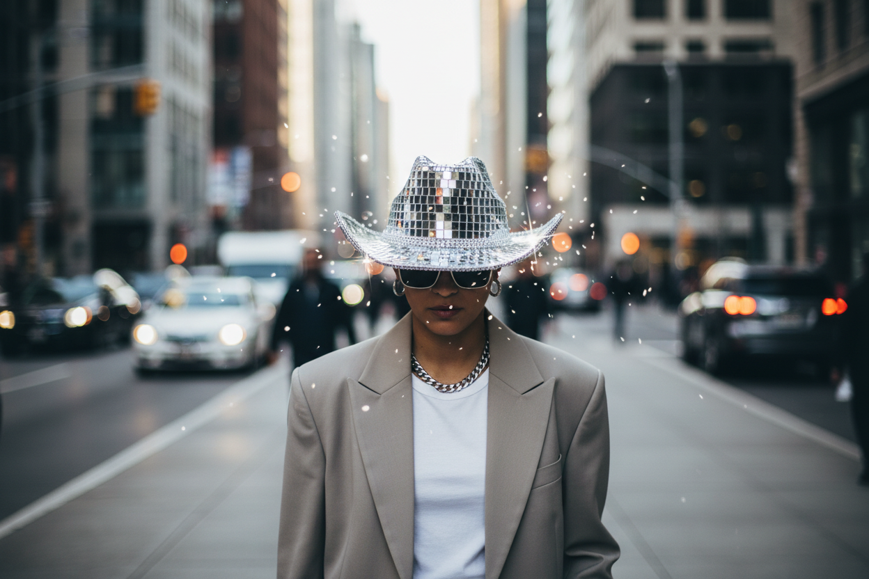 Silver disco hat with reflective tiles on a white background