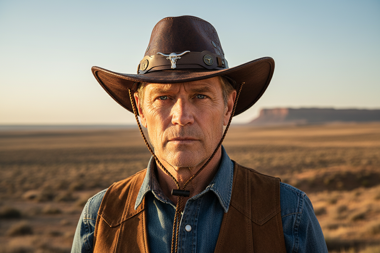 Brown leather cowboy hat with decorative band and chin strap on a white background