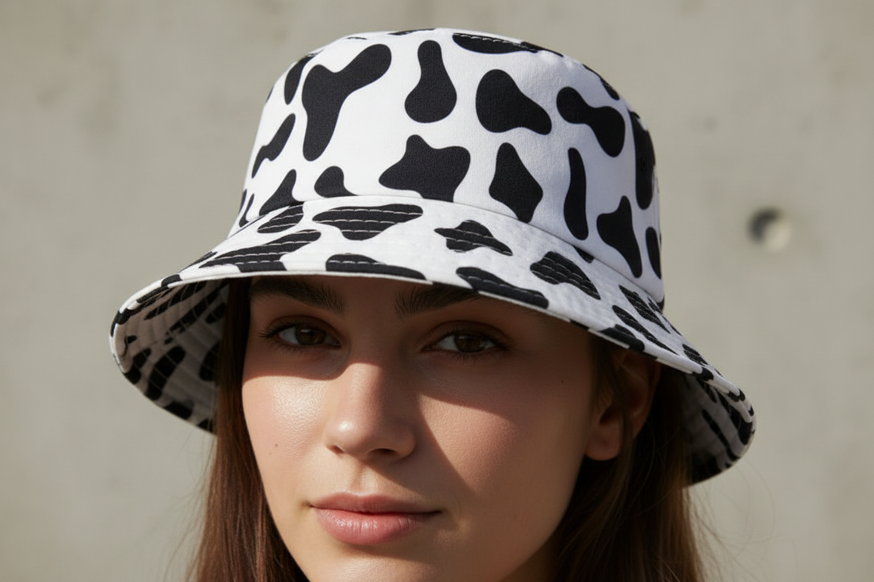 A black and white camouflage pattern bucket hat.