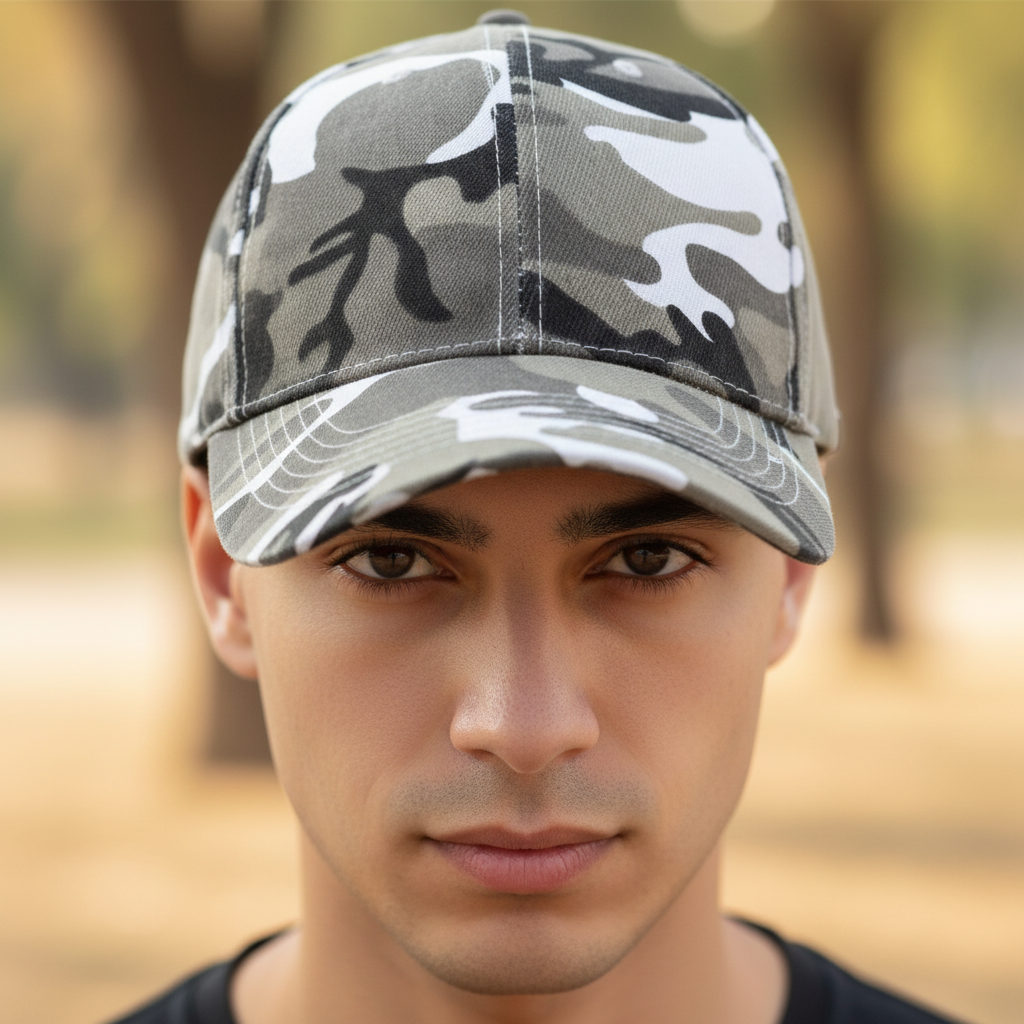 Camouflage-patterned baseball cap on a white background