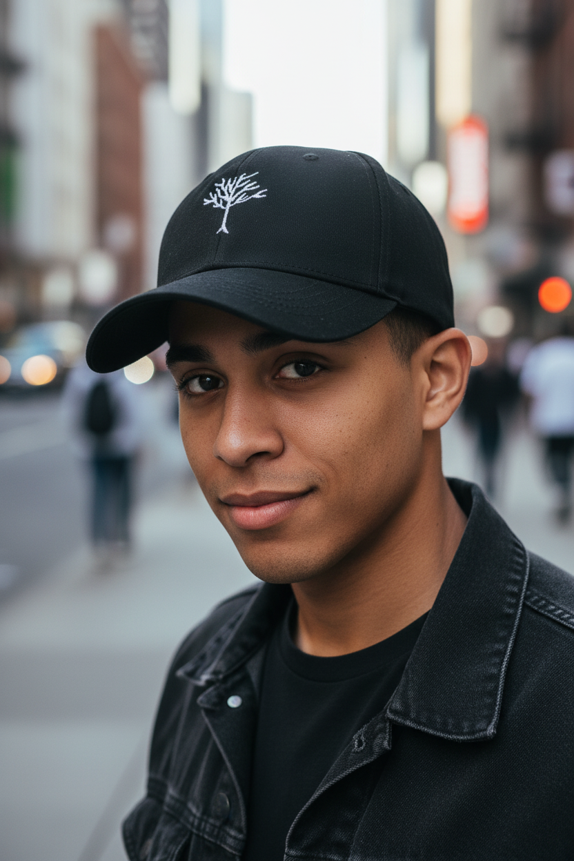 Two baseball caps, one black and one white, each featuring a simple embroidered tree design on the front.