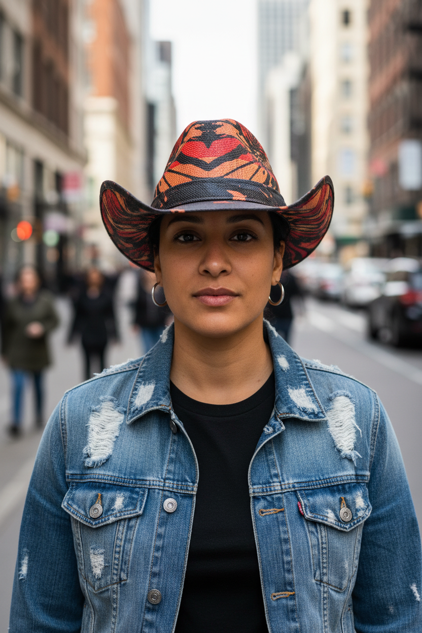 Colorful cowboy hat with a black band on a white background