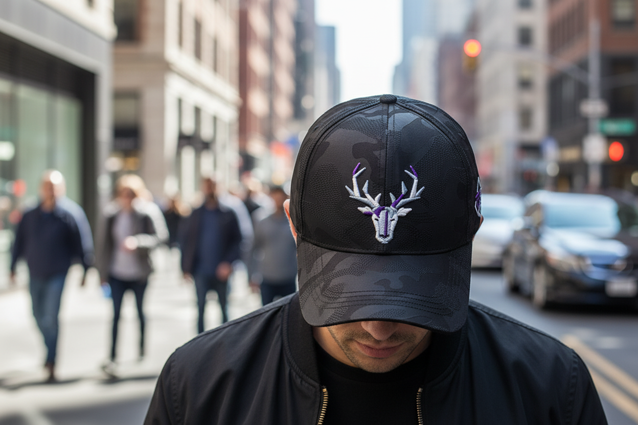 Two baseball caps, one black and one white, each featuring an embroidered design of an elk's head with antlers.