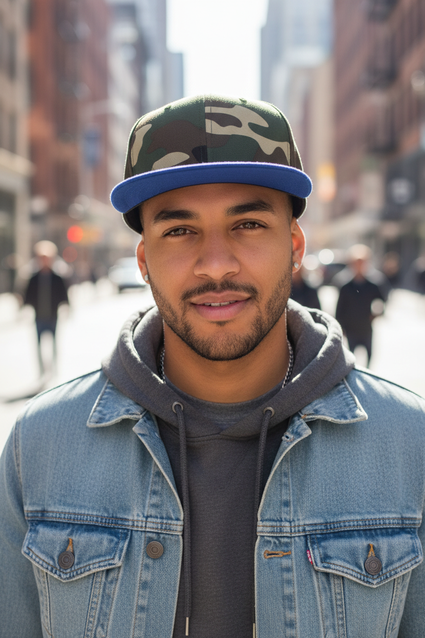 A camouflaged snapback cap with a flat brim and adjustable snapback closure.