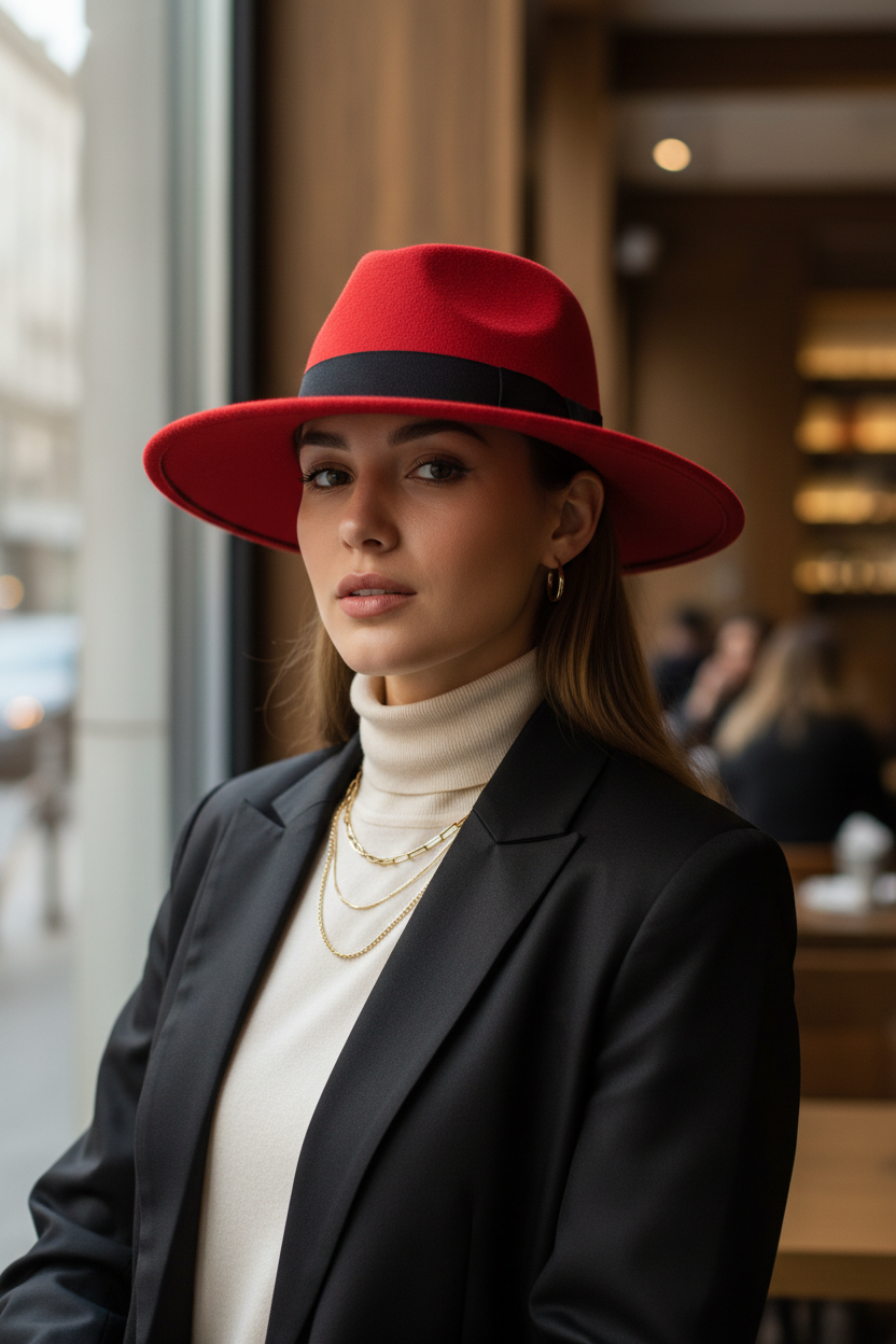 Faizon Wool Fedora Hat with Band – Red, Adjustable Fit