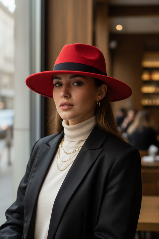 Faizon Wool Fedora Hat with Band – Red, Adjustable Fit