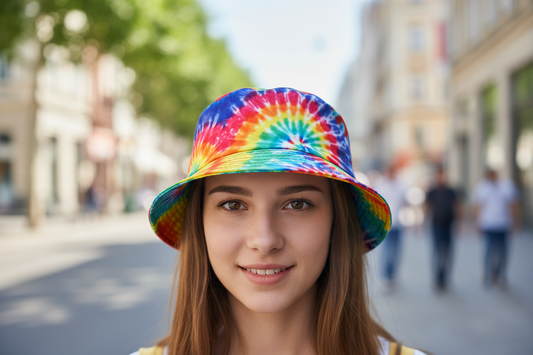Two tie-dye bucket hats in different colors displayed side by side.