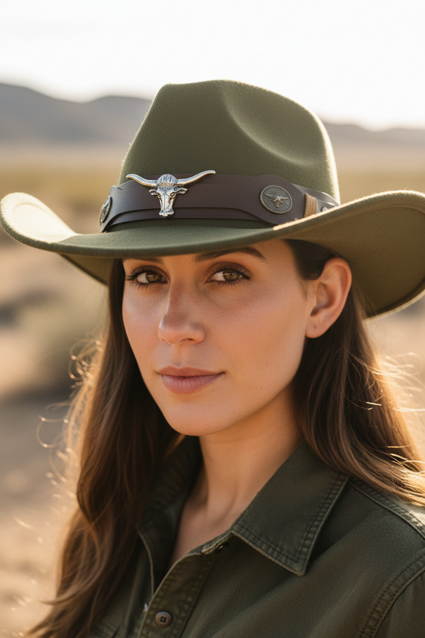 Green cowboy hat with a brown leather band featuring a metal buckle on a white background