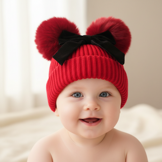 Red knit beanie with two large pom-poms and a black bow on a white background