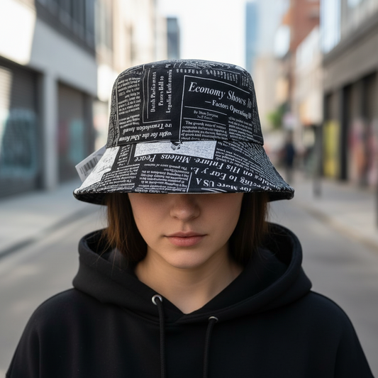 A bucket hat with a pattern resembling newspaper print, primarily in black and white colors.