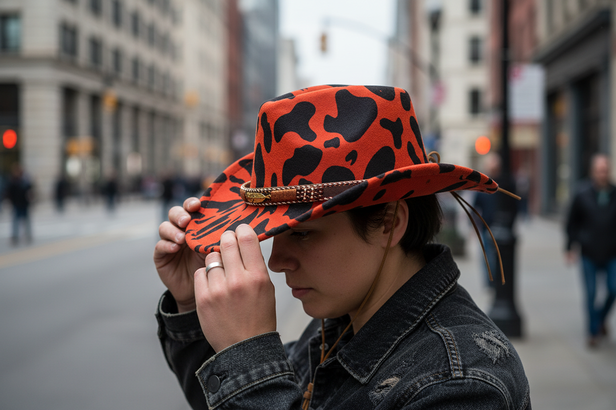 A camouflage patterned woolen cowboy hat with a flat brim and a decorative band featuring a faux leather strap and metal buckle.