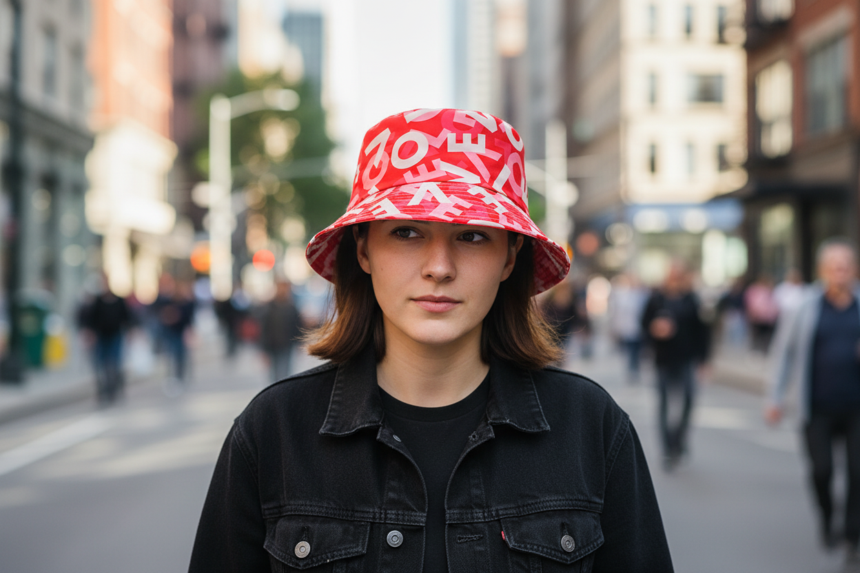 Red bucket hat with pink and white text pattern on a white background