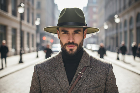 Green fedora hat with a black band and buckle on a white background