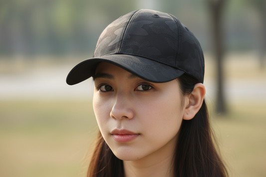Black camouflage baseball cap on a white background
