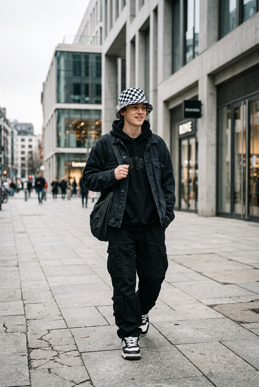Calvert Checkered Bucket Hat, Flat Top, Medium