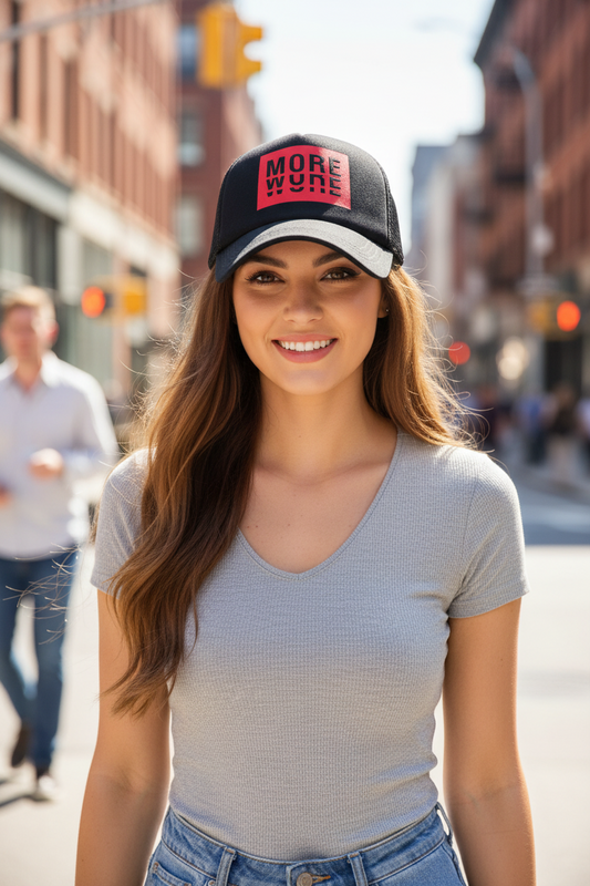 A black and white baseball cap with a mesh back and a red text 'MORE WINE' on the front panel.