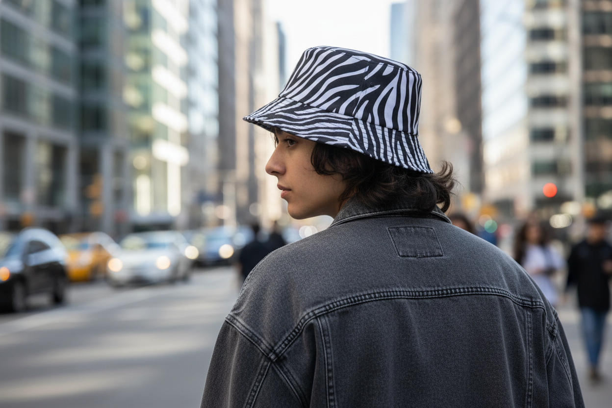 Zebra pattern bucket hat on a white background