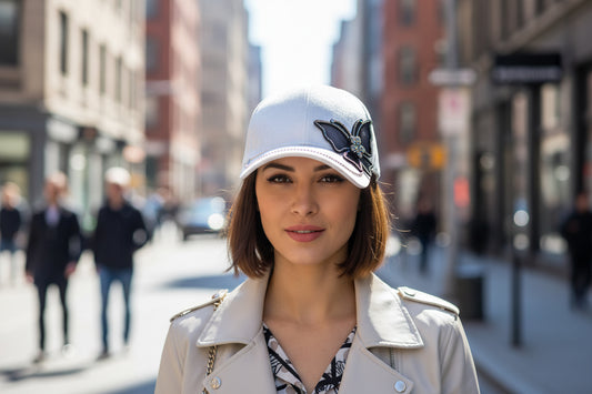 A pink satin baseball cap with a rhinestone-embellished butterfly design on the front.