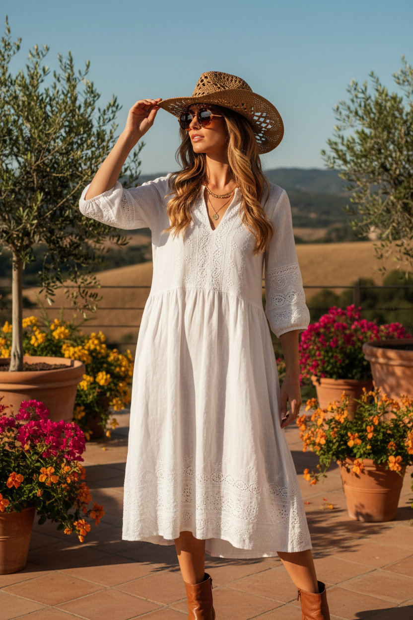 A beige straw cowboy hat with a dome shape and large brim featuring a woven pattern.