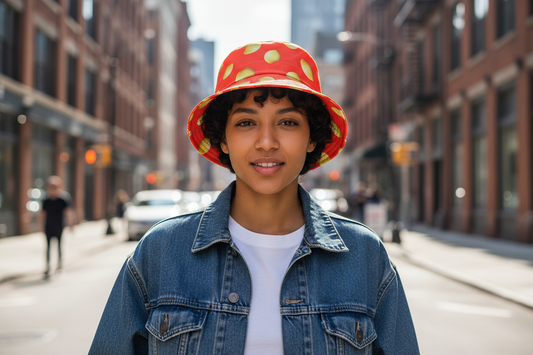 Red bucket hat with yellow polka dots on a light gray background