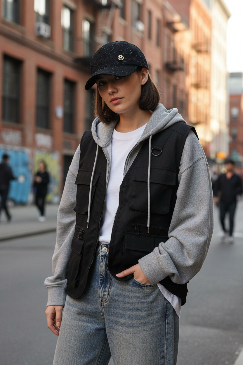 Black quilted cap with a logo on a light surface