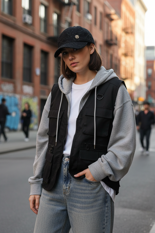 Black quilted cap with a logo on a light surface