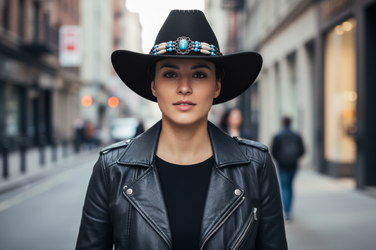 Black cowboy hat with a decorative band featuring turquoise stones and bone-like elements on a white background.