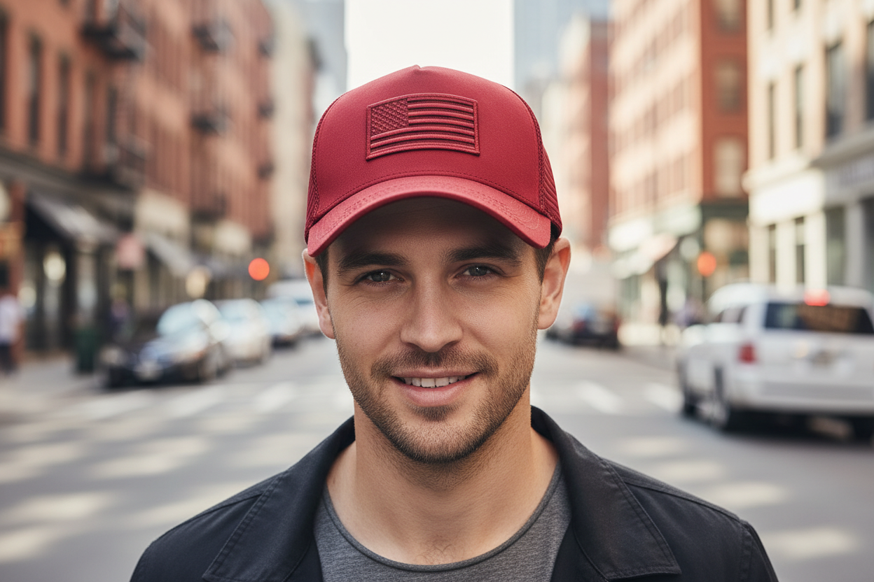 A black camouflage baseball cap with an adjustable strap and a flag emblem on the front.