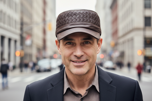 Brown leather cap with woven pattern on a white background