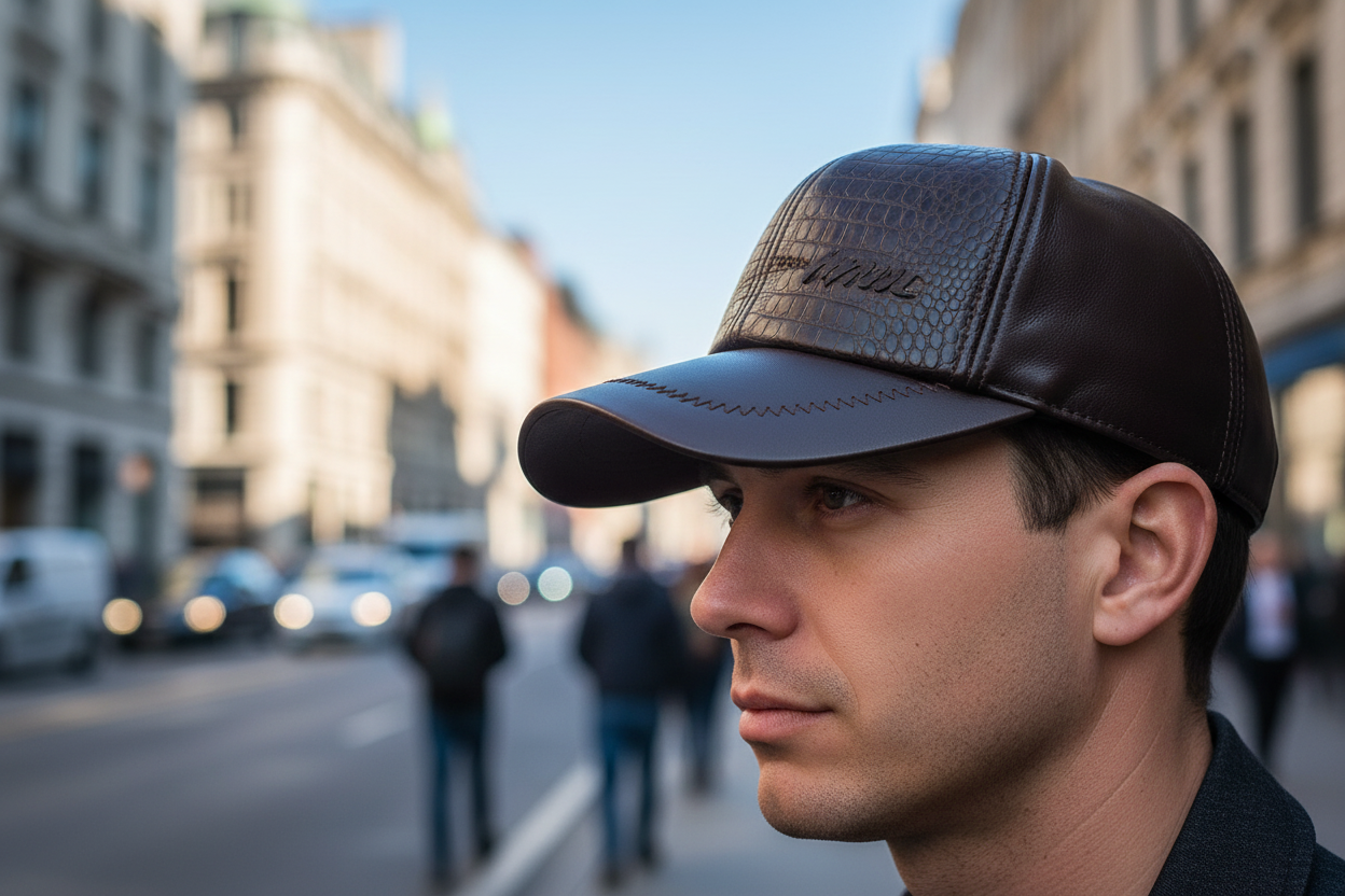 Brown leather cap with crocodile texture on a white background