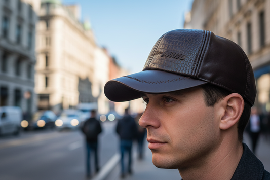 Brown leather cap with crocodile texture on a white background