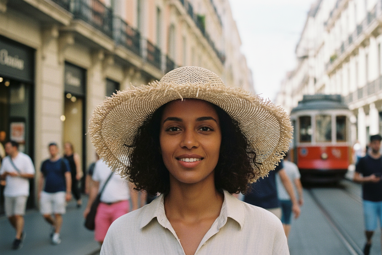 Beige straw hat on a stand against a plain background