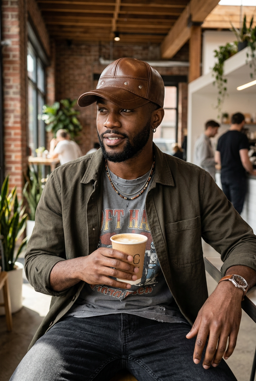 Cartwright Brown Genuine Leather Baseball Cap, Adjustable