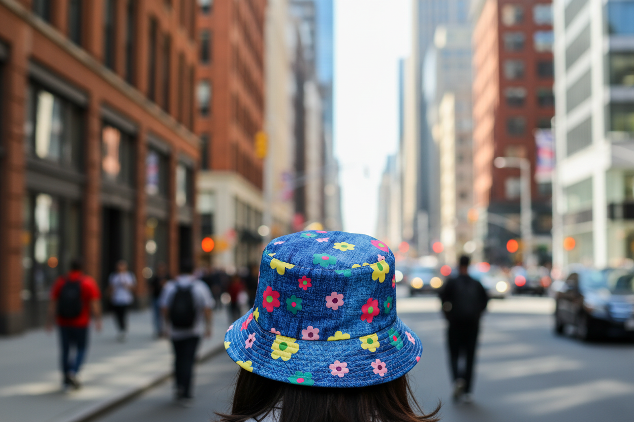 Blue denim bucket hat with colorful floral patterns on a white background