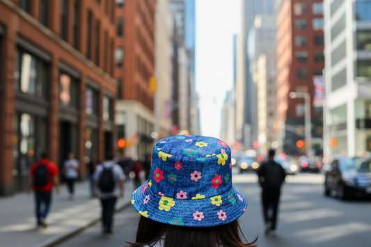 Blue denim bucket hat with colorful floral patterns on a white background