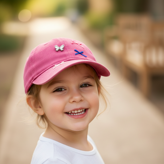 Pink cap with embroidered designs on a white background
