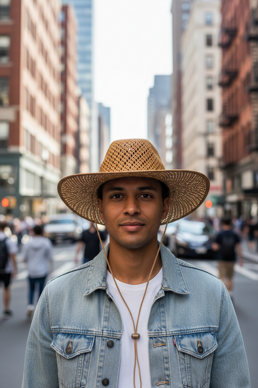 Brown straw hat on a black mannequin head against a white background