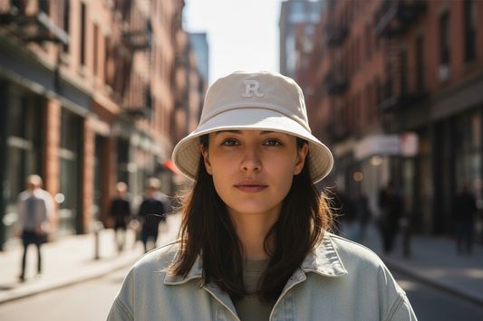 Beige bucket hat with a white letter 'R' on a white background