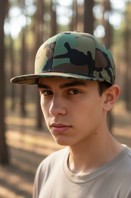 Camouflage-patterned cap on a white background
