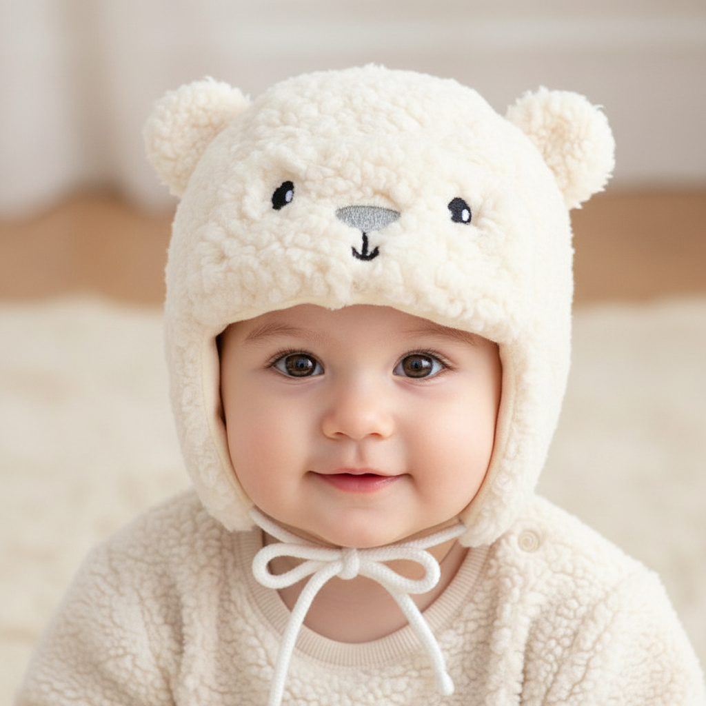 White fleece bear-shaped headband on a white background