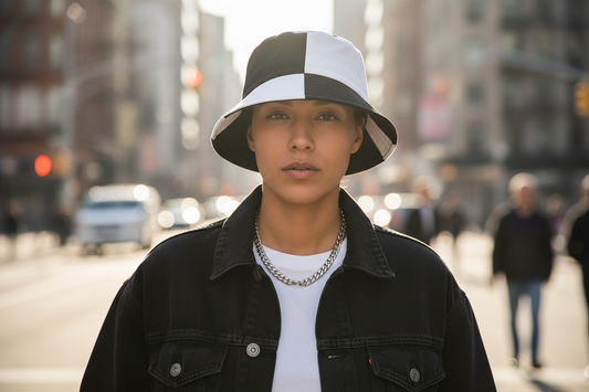 Black and white checkered bucket hat on a white background