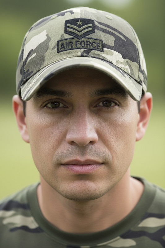 Camouflage baseball cap with military insignia on a white background