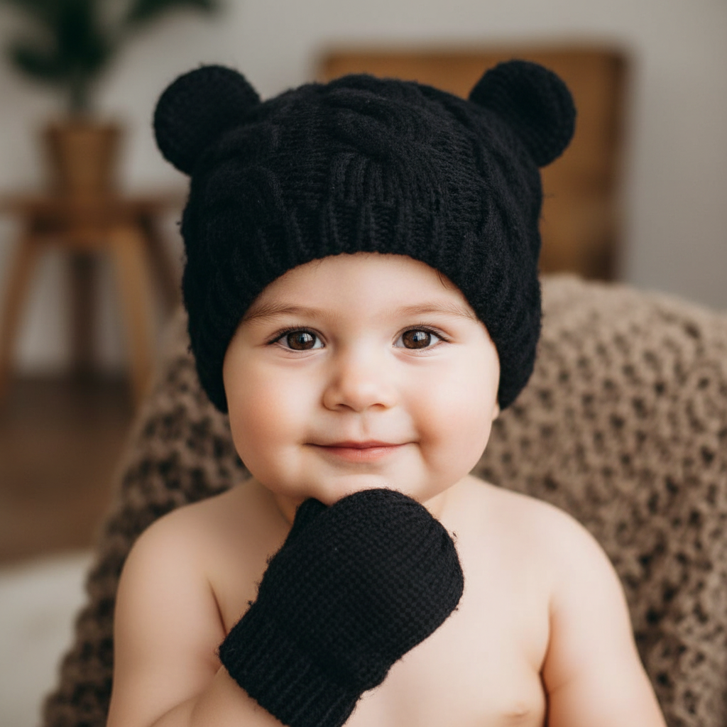 A gray knitted baby hat with small ears and a pair of matching mittens.